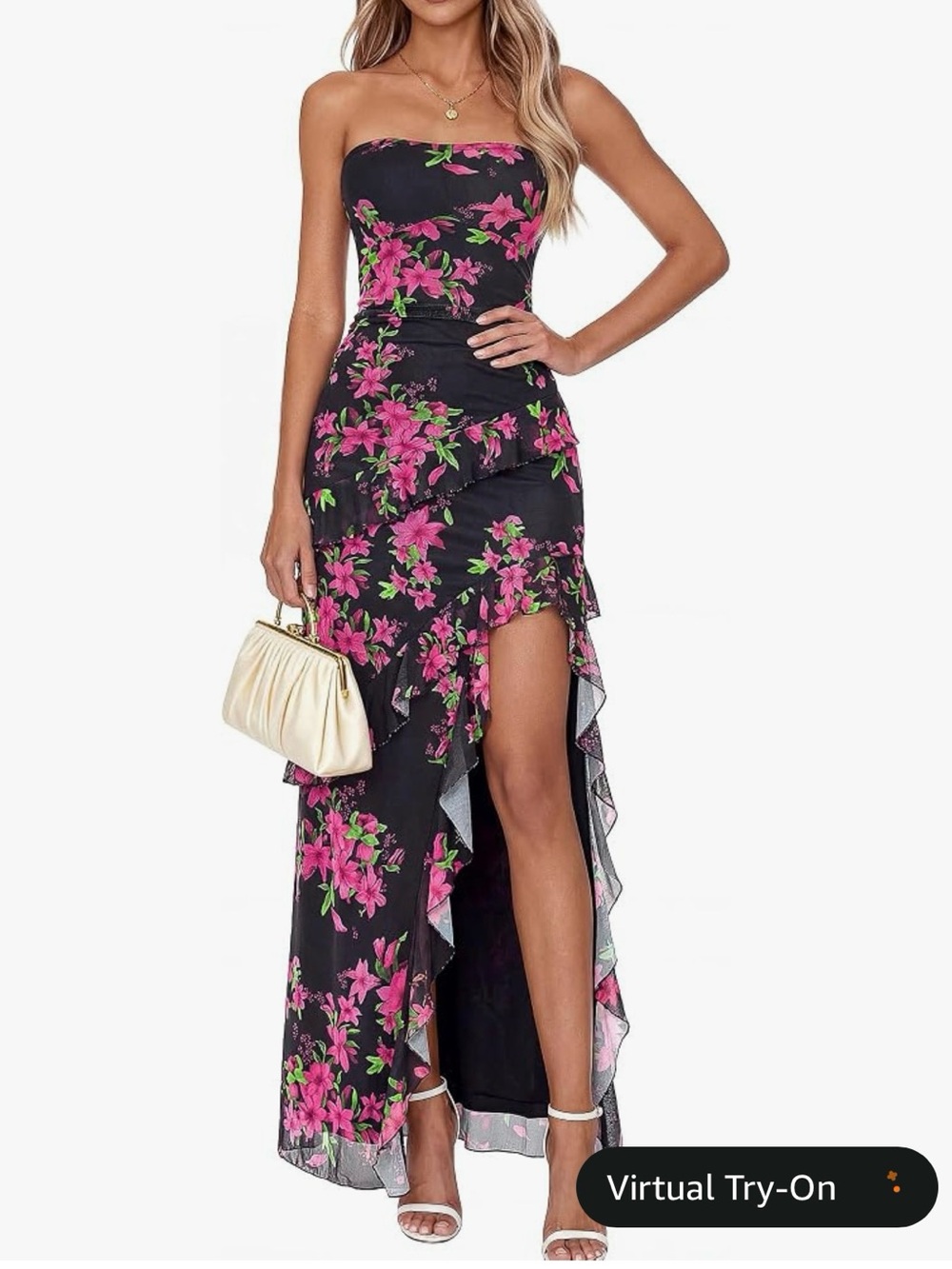 Black Strapless Maxi Dress with Pink Floral Ruffles